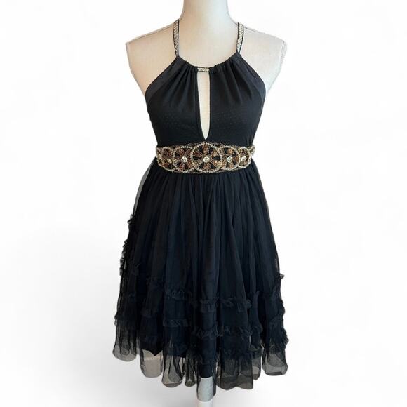 Y2k Vintage Free People mini Dress Black Boho Beaded Tulle Open Back whimsigoth - Picture 1 of 9